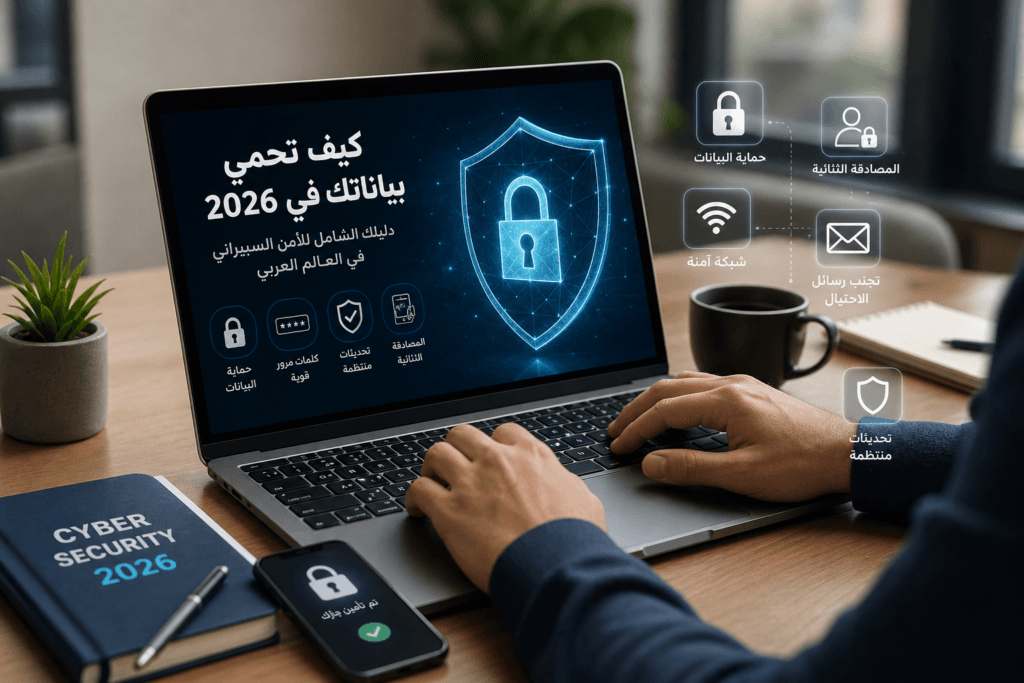. شخص يستخدم اللابتوب مع حماية بياناته وأيقونات الأمن السيبراني في 2026